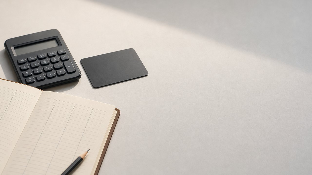 Composição minimalista sobre fundo liso cinza-claro: um caderno aberto com colunas traçadas a lápis
